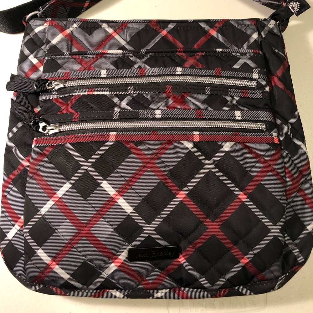 Vera Bradley Performance Twill Triple Zip Crossbody Bag Paris Plaid Red Black